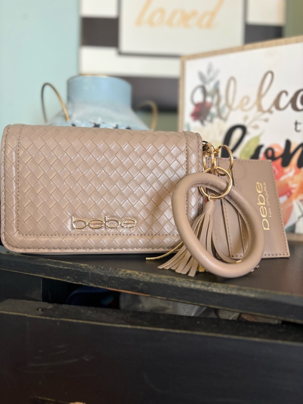 NWT BEBE Taupe Woven Mini Crossbody with Wristlet and Tassel